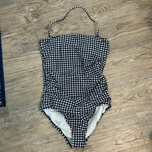 J Crew Gingham Ruched Bandeau One Piece Swim Suit Navy White Halter
